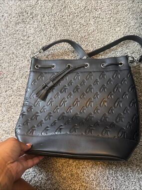 Medium Black Embossed Leather Shoulder Bucket Bag with Tassel